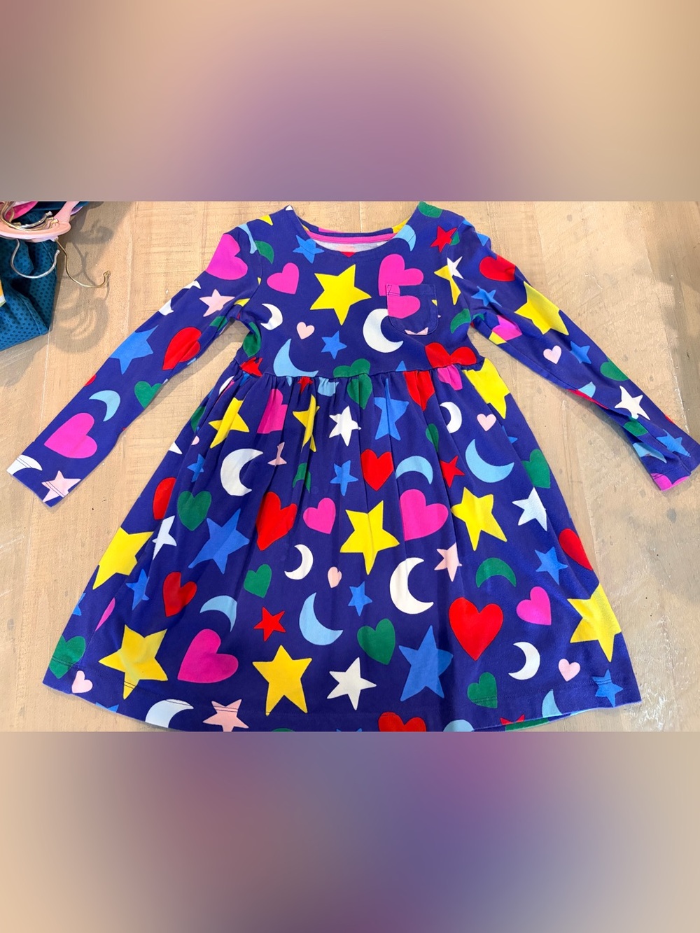 MB Girls' Navy Star & Heart Long Sleeve Dress - Multi Color